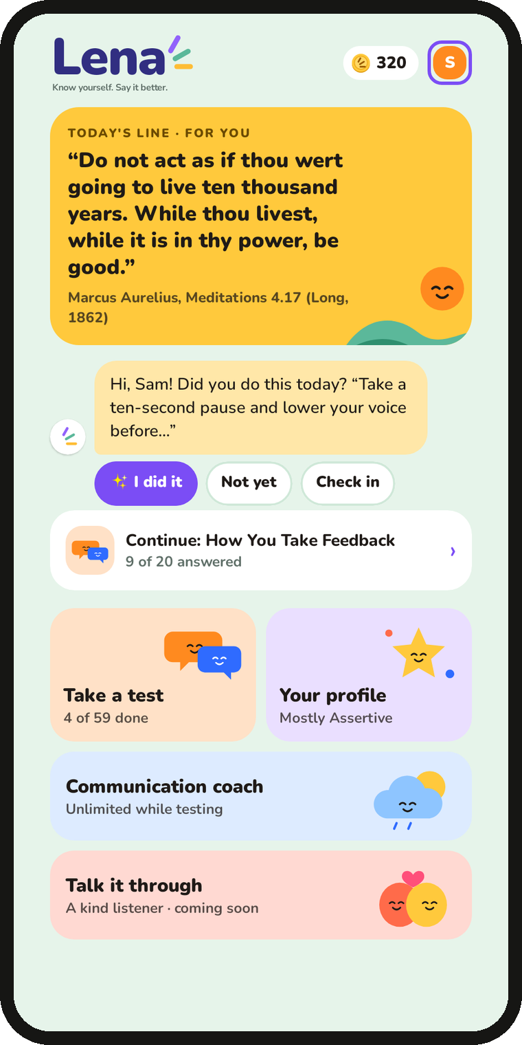 Lena home screen: today's line, a habit check-in, tests, profile and the communication coach